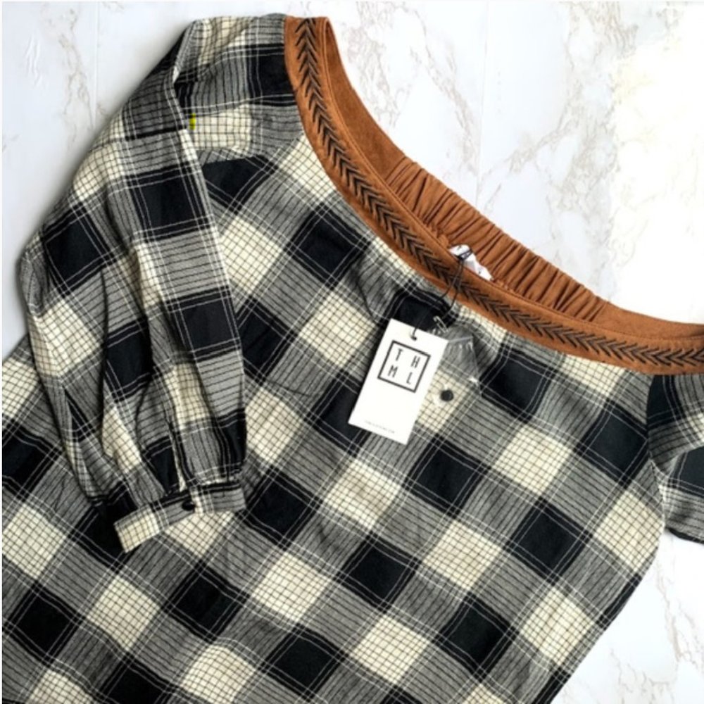 THML Anthropologie Plaid Wide Neck Top size Large